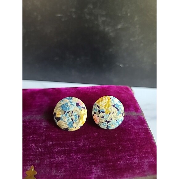Floral Fabric Circular Stud Earrings Vintage - Picture 1 of 10